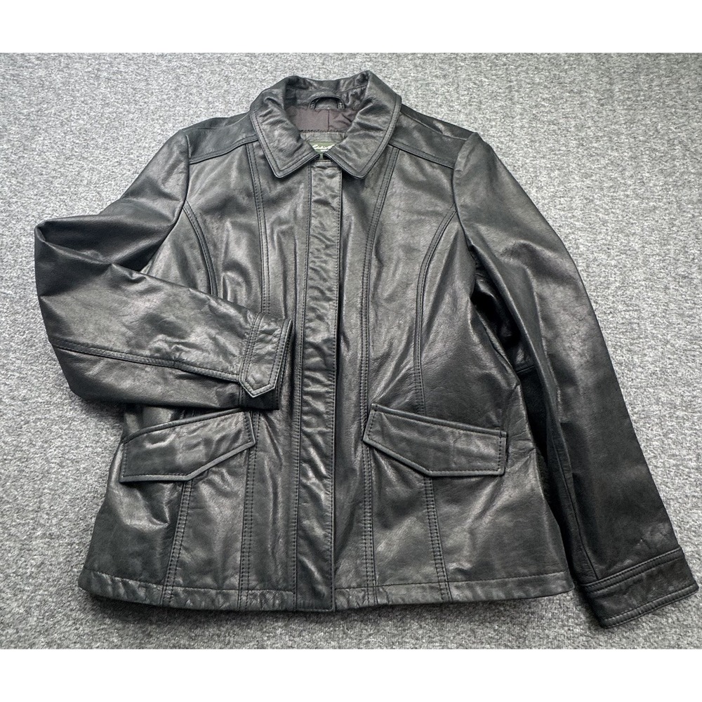 Eddie Bauer Black Genuine Leather Jacket  Women's‎ Sz Petite Large PL Motorcycle